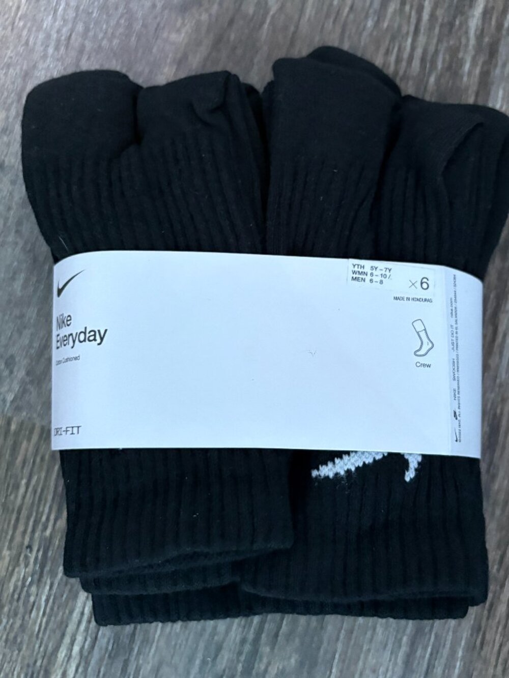 Nike Youth Everyday Dri-Dit Black Crew Socks sz 5Y-7Y 6-8 6 pair NEW